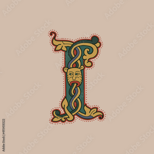 Medieval initial I letter logo made of twisted lion and spiral pattern.