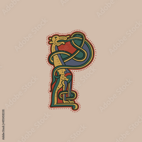 Medieval initial P letter logo made of twisted beast and spiral pattern.