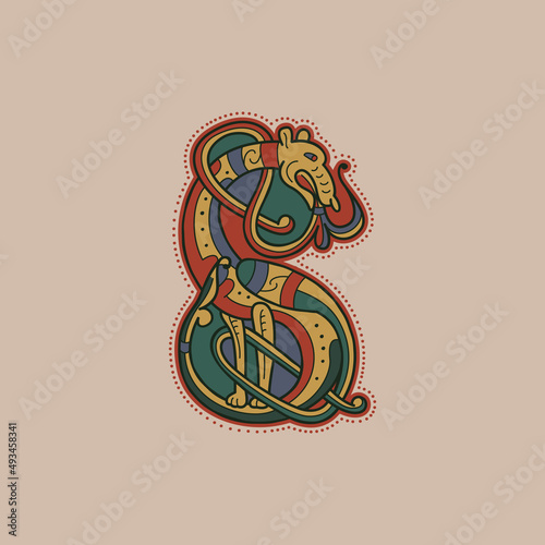 Medieval initial S letter logo made of twisted beast and spiral pattern. photo