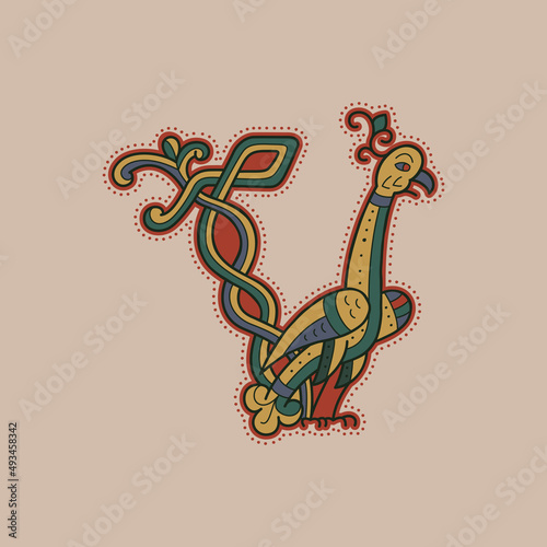 Medieval initial V letter logo made of twisted bird and spiral pattern.