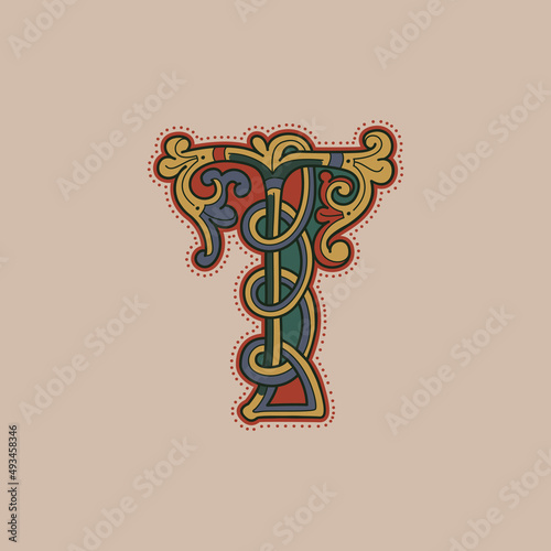 Medieval initial T letter logo made of twisted and spiral pattern.
