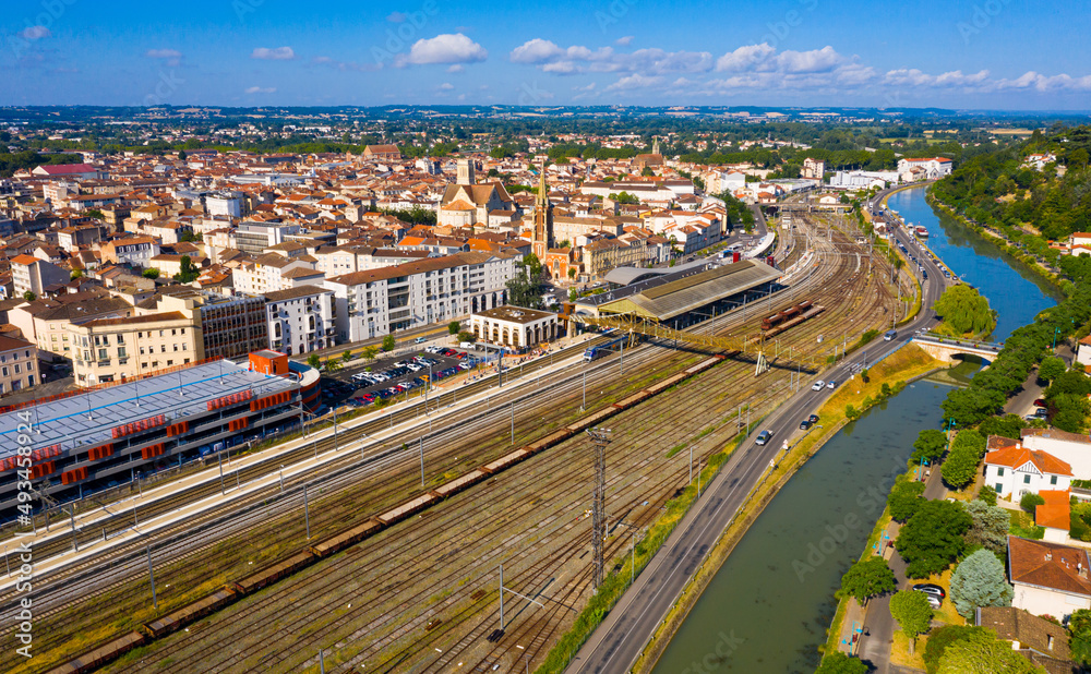 Panoramic view from the drone on the city Agen. France