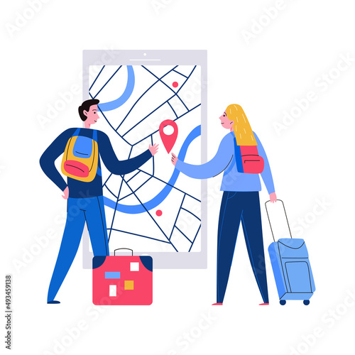 Tourists Locating Map Composition