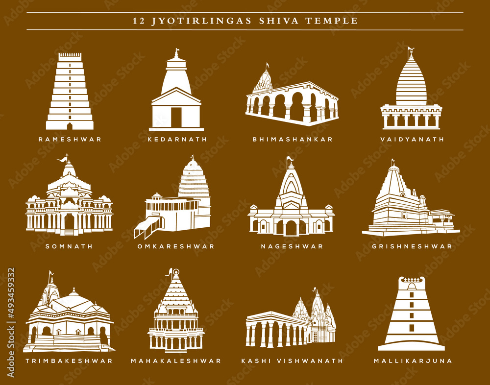 12 Lord Shiva Temples vector icon. 12 jyotirlingas temple. Shiv temples icon illustration.