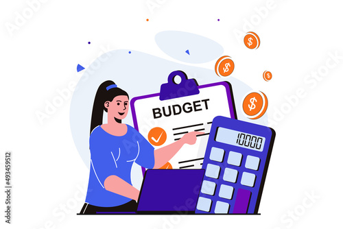 Planning financial budget modern flat concept for web banner design. Woman keeps accounts and counts business budget using calculator, analyzes balance. Illustration with isolated people scene photo