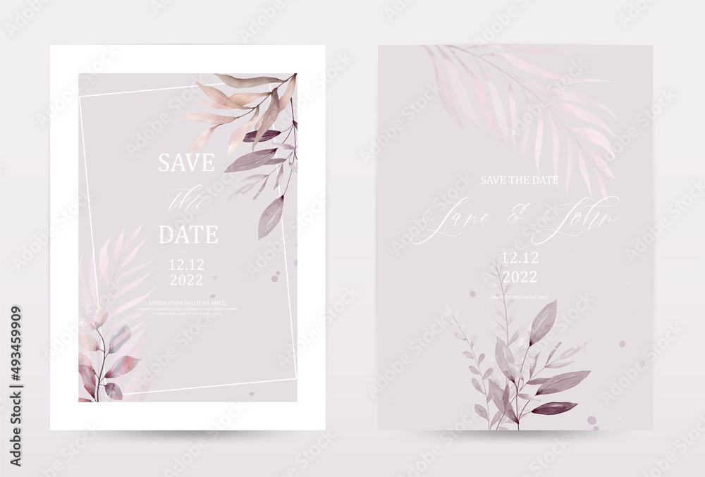 Watercolor brown foliage invitation template cards set