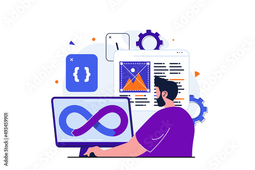 Programmer working modern flat concept for web banner design. developer creates software and programming code. Manager administers devops processes. Illustration with isolated people scene photo