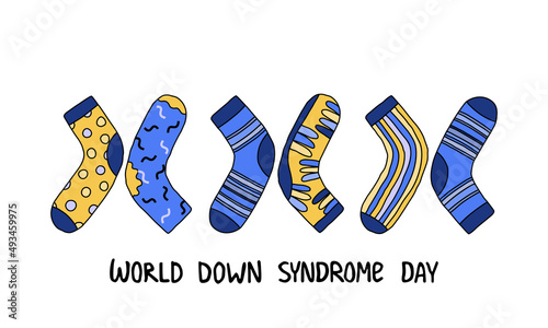 World Down syndrome day card. Three pairs mismatched socks vector illustration. Support people with trisomy 21