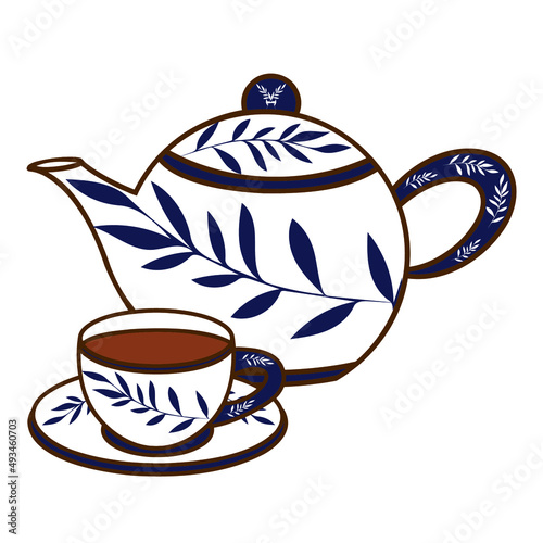 Hand drawn vector of tea pot and tea cup isolated on white background.