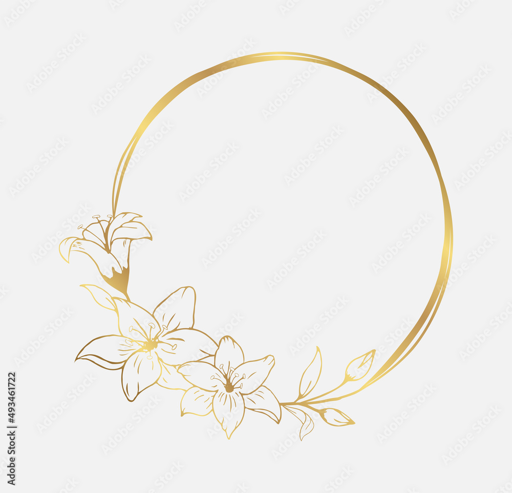 Hand drawn golden lily flower round wreath in cute doodle style. Luxury elegant vector illustration for postcard, wedding invitations, birthday, quotes, thank you card, cosmetics. Copy space for text. Hand drawn golden lily flower round wreath in cute doodle style. Luxury elegant vector illustration for postcard, wedding invitations, birthday, quotes, thank you card, cosmetics. Copy space for text.