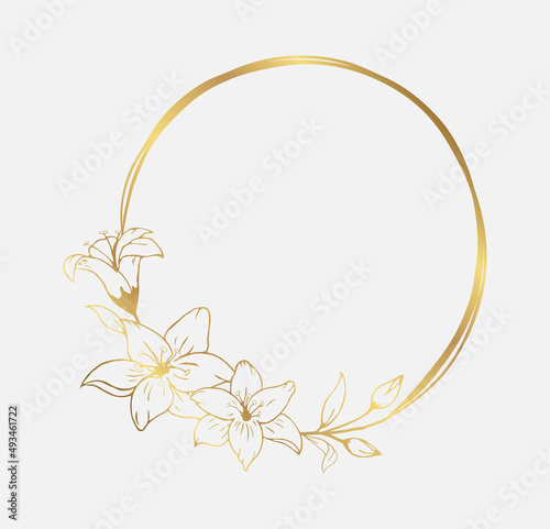 Hand drawn golden lily flower round wreath in cute doodle style. Luxury elegant vector illustration for postcard  wedding invitations  birthday  quotes  thank you card  cosmetics. Copy space for text.