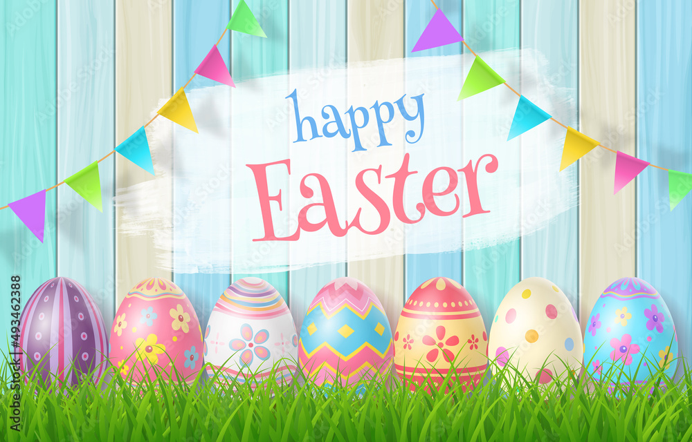 Happy Easter Day colorful egg on grass and beautiful wood background with copy space