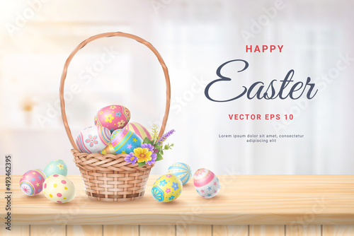 Happy Easter Day colorful egg in basket on Wood table floor and Blurred background atmosphere front room light shining through the curtain in home