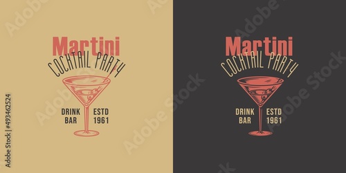 Martini cocktail with olives for alcohol bar. Monochrome design with glass of martini for drink party