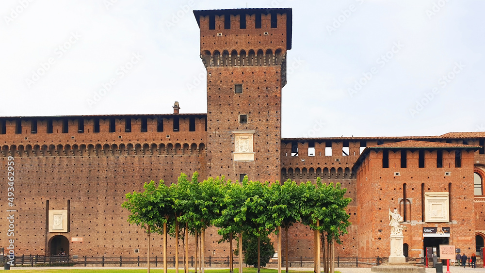 Panorama of brown brick Sforzesco castle in Milan.