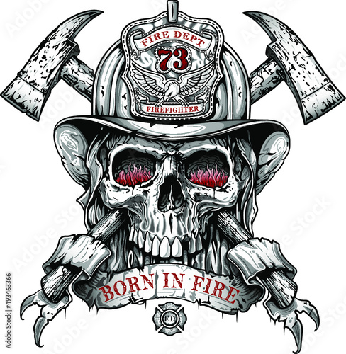 fireman skull emblem in helmet with axes