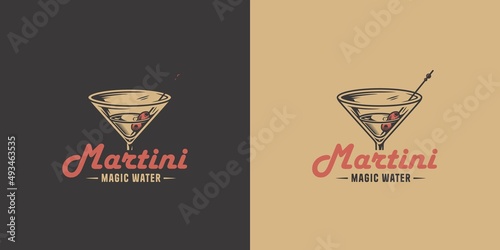 Drink martini cocktail with olives for alcohol bar. Monochrome design with glass of martini for party