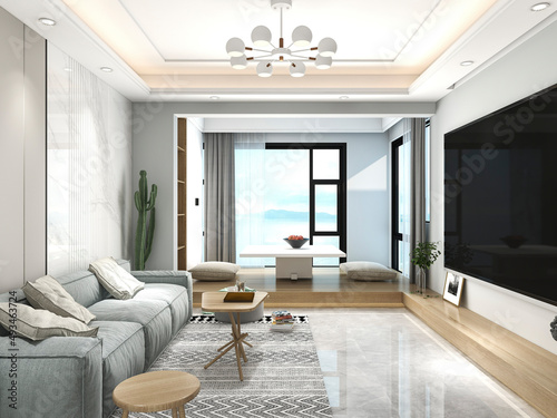 3D rendering, spacious living room design of modern residence, with sofa, tea table, decorative painting, etc © 李 大大