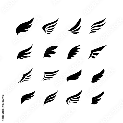 set of wing icon design, various flat wing symbol silhouette template vector
