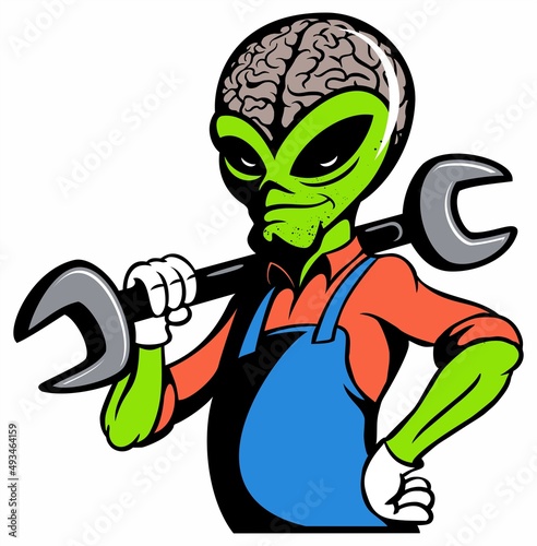 Cartoon style alien character in overalls, holding a wrench in his hand.