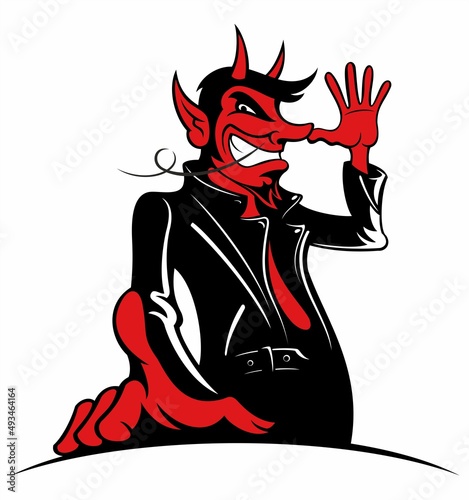 Cartoon style red devil character in the leather jacket, isolated on white background.