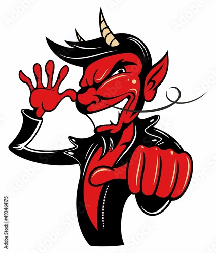 Cartoon style red devil character in the leather jacket, isolated on white background.