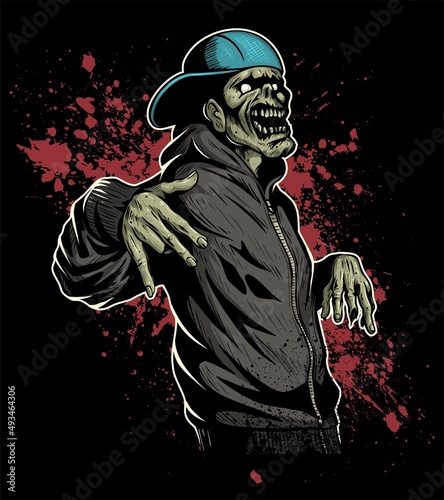 Cartoon style zombie rapper character, dressed in hoodie and baseball cap, showing symbol like.