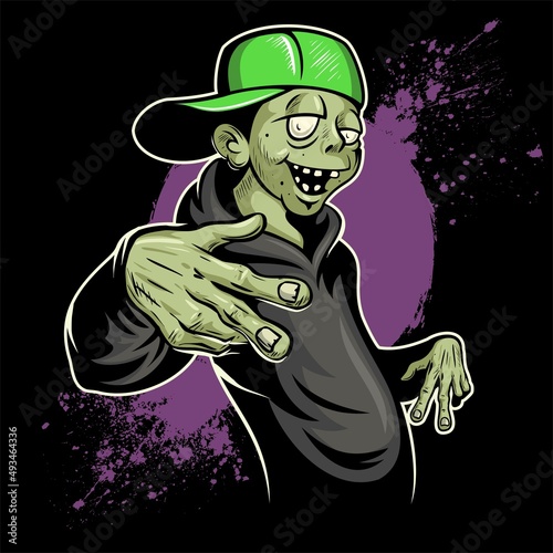 Cartoon style zombie rapper character, dressed in hoodie and baseball cap, showing symbol like.