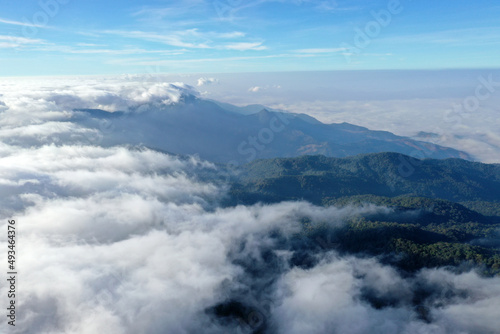 Aerial view flying in the morning at Inthanon national park in Chiangmai, Thailand.