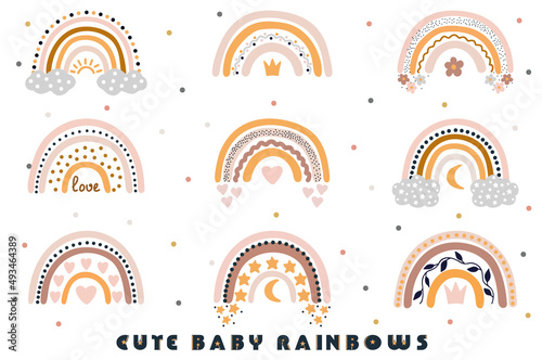 Cute vector pastel rainbow set isolated on white background. Set of rainbows with hearts, clouds, rain in childish Scandinavian style. Perfect for kids, posters, prints, cards, fabric.