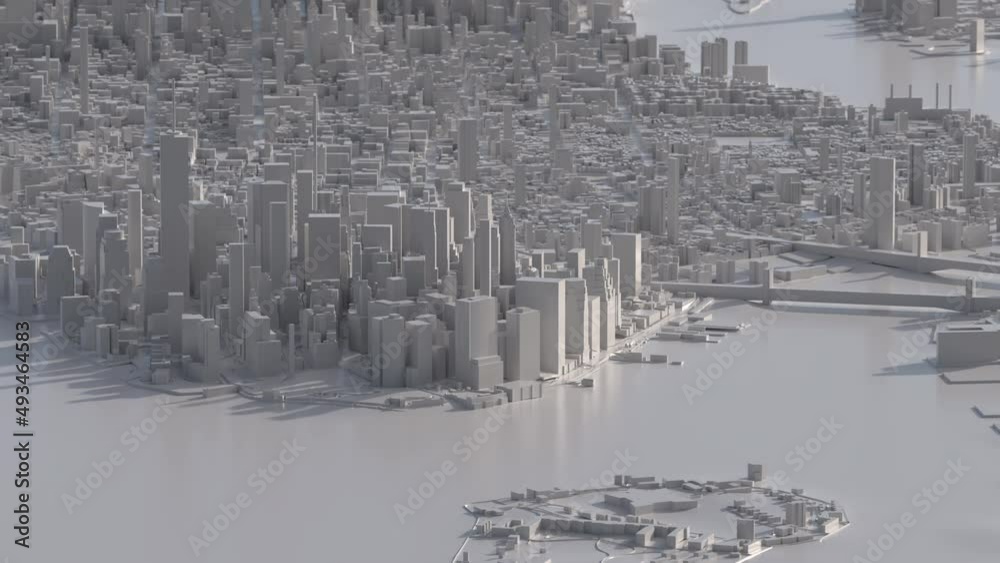 Flight over a white 3D city model of New York. Manhattan in focus. Flight over a white 3D city model of New York. Manhattan in focus.
