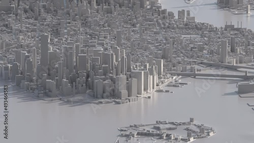 Flight over a white 3D city model of New York. Manhattan in focus.