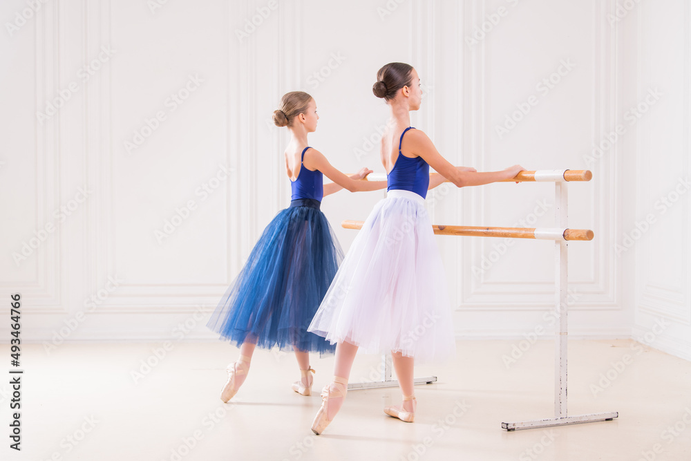 A group of two student ballerinas is engaged in pointe shoes at the barre in a beautiful white room against the backdrop of a mirror. A group of two student ballerinas is engaged in pointe shoes at the barre in a beautiful white room against the backdrop of a mirror.