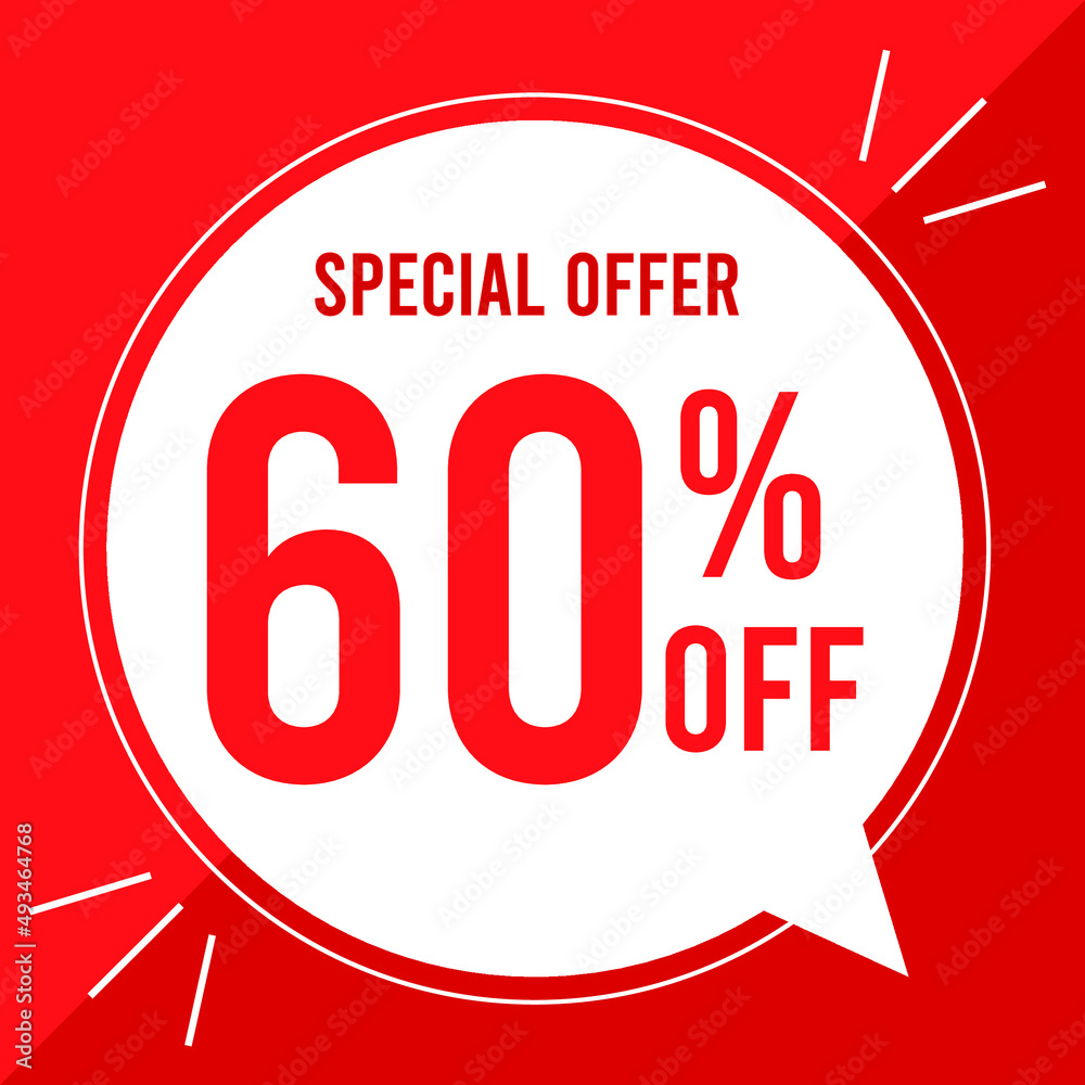 60 percent off. Discount for big sales. Yellow balloon on a red background.