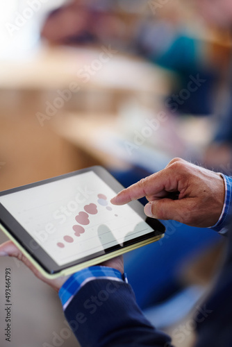 Charting the performance of business. Cropped shot of a man looking at graphs on a digital tablet in an office.