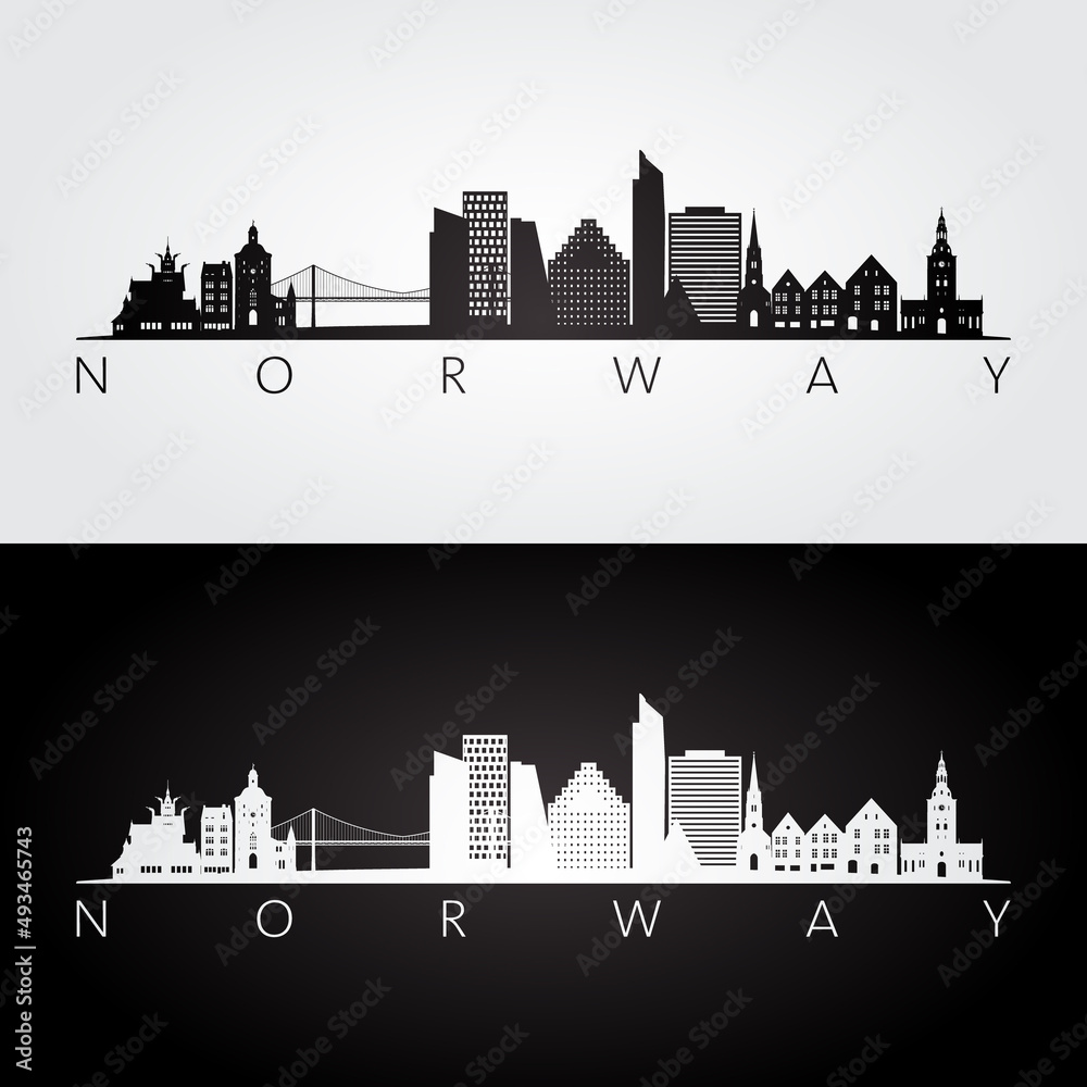 Fototapeta premium Norway skyline and landmarks silhouette, black and white design, vector illustration.