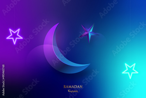 Modern banner for Ramadan Kareem. Trendy design with shiny crescent moon and neon stars on gradient blue background.