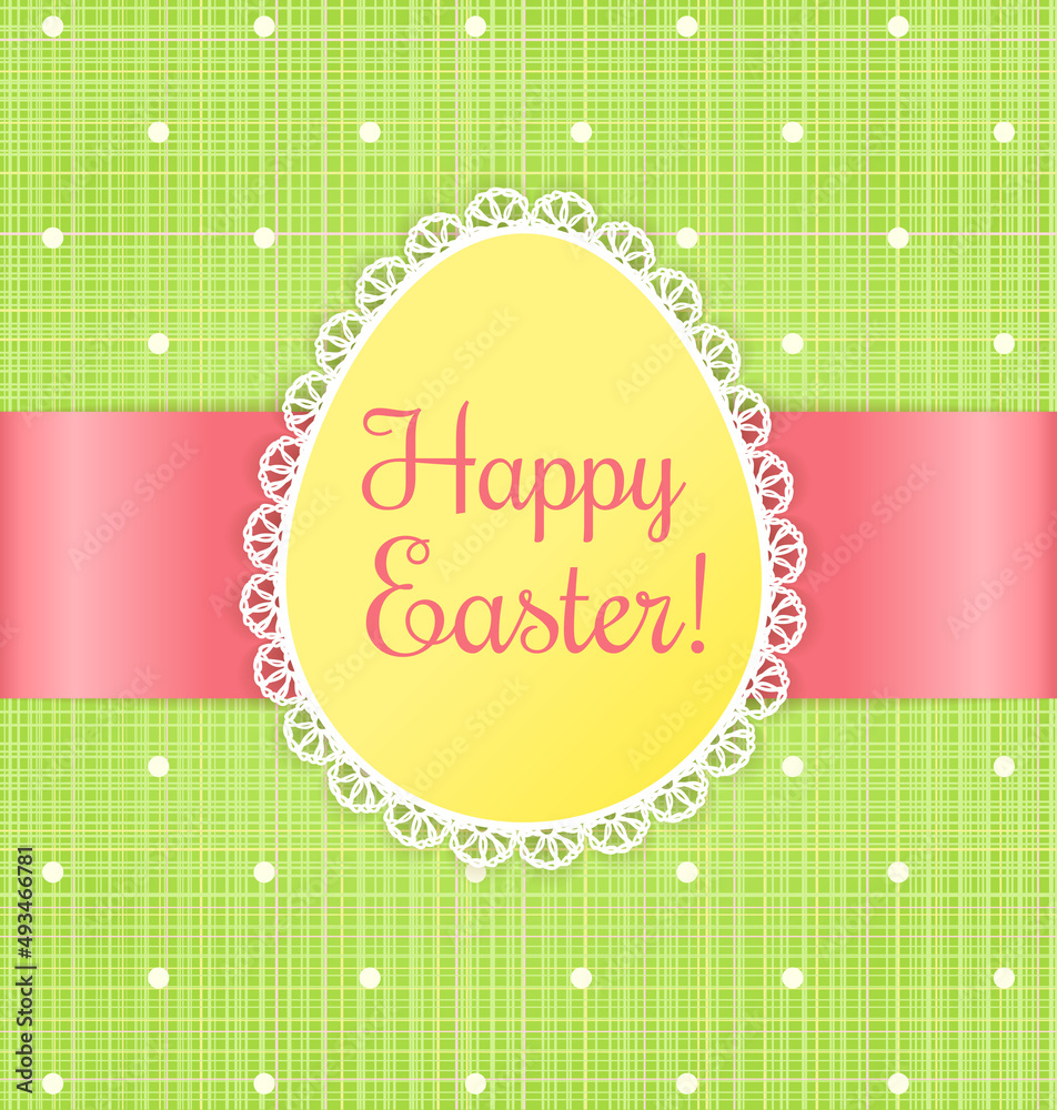 Naklejka premium Retro Easter card. Label with lace on green textile background with polka dots.