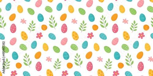 Seamless repeat pattern of Easter eggs, with flowers and leaflets.Vector illustration in cartoon style.