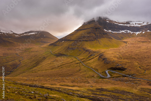 Sunset over the mountain in Funnings, Faroe Islands, Denmark. photo