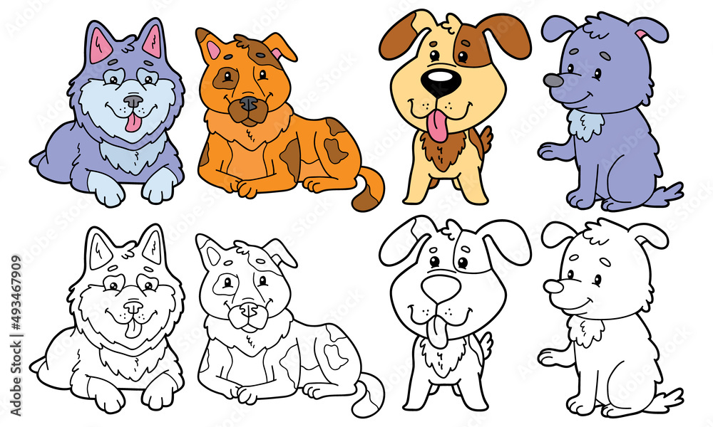 Obraz premium vector illustration set of cartoon dogs animals and variants for coloring book