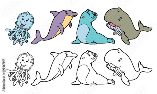 vector illustration set of cartoon sea animals and variants for coloring book