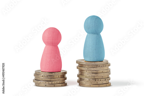 Pink and blue pawns on piles of coins - Gender pay gap concept