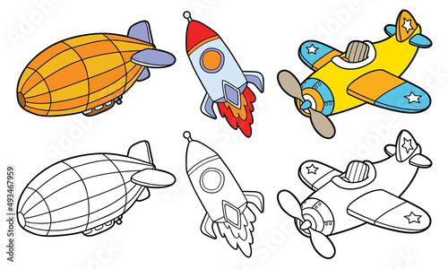 vector illustration set of cartoon transportation and variants for coloring book