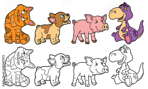 vector illustration set of cartoon animals and variants for coloring book