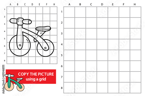 vector illustration of grid copy picture educational puzzle game with doodle running bike