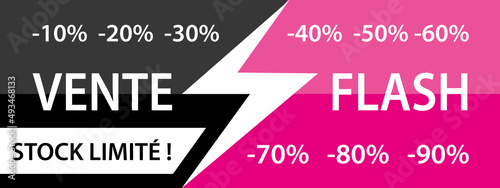 Vente flash. Bannière noire et rose vectorielle avec réductions.