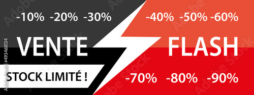 Vente flash. Bannière rouge et noire vectorielle avec réductions.