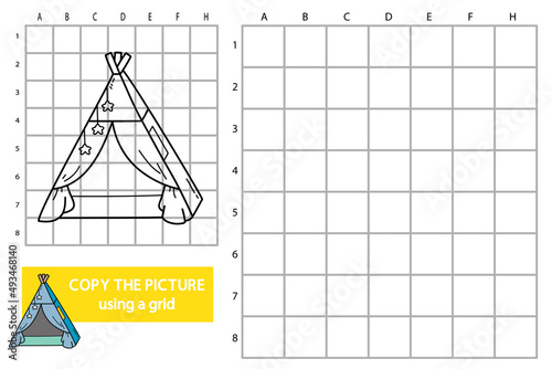 vector illustration of grid copy picture educational puzzle game with doodle tepee