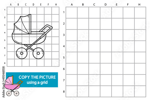 vector illustration of grid copy picture educational puzzle game with doodle pram